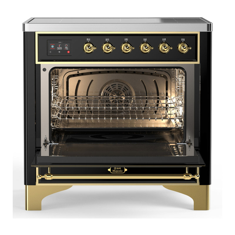 Majestic III Series 36 Inch Induction Range with 6 Induction Elements in Glossy Black (Brass Trim), Brass, Glossy Black