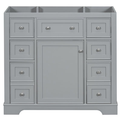 Meuble-lavabo gris. 1 armoire, 6 tiroirs. Fabriqué en bois massif. . Moderne. Assemblage requis. Base de 36 po de couleur grise. Avec une armoire et six armoires imperméables. Rangement abondant.