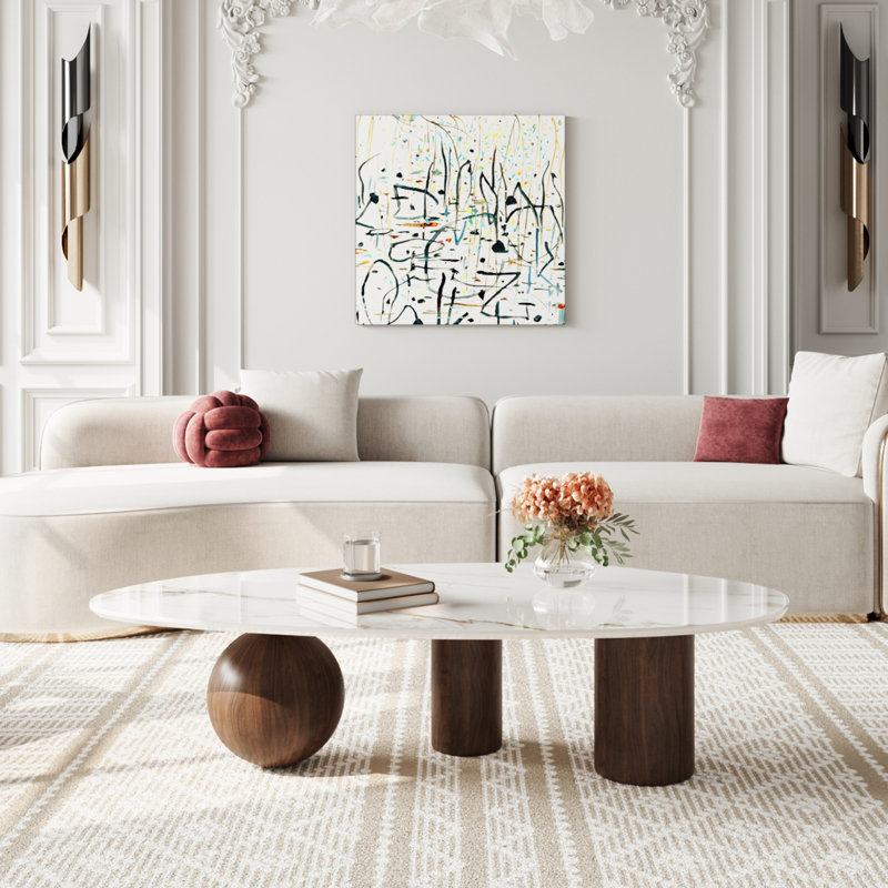 54'' Modern Coffee Table for Living Room, Stone Center Table with 3 Legs and White Sintered Stone Tabletop, Brown, White