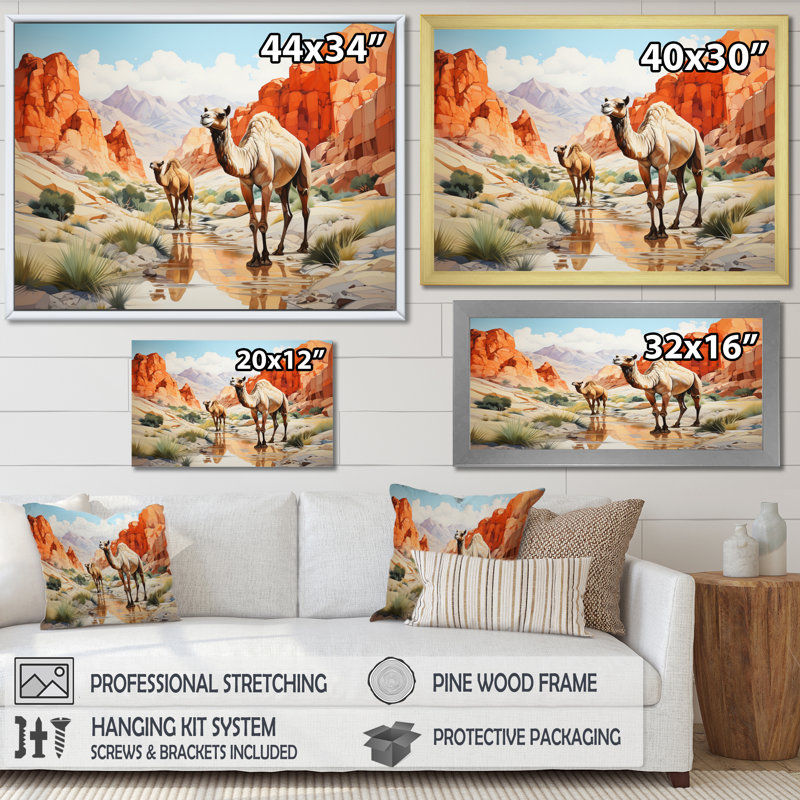 «Camel Desert Wanderer Geometric», reproduction sur toile, H 16 po x l 32 po x P 1 po, Cadre doré à une seule photo
