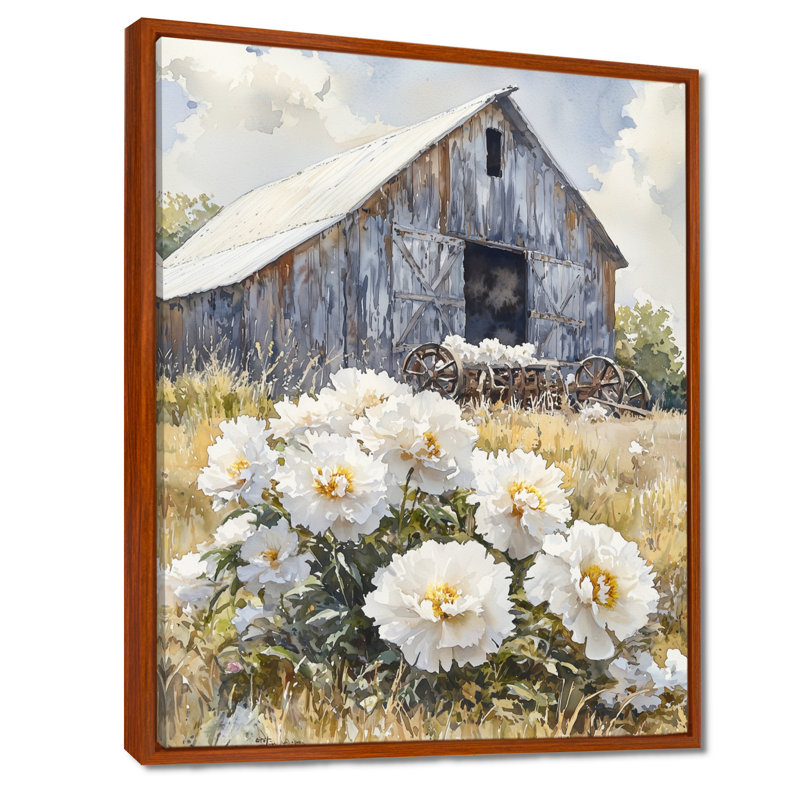 Pe pivoines près de la laiterie, H 44 po x l 34 po, Reproduction avec cadre flottant, Brun