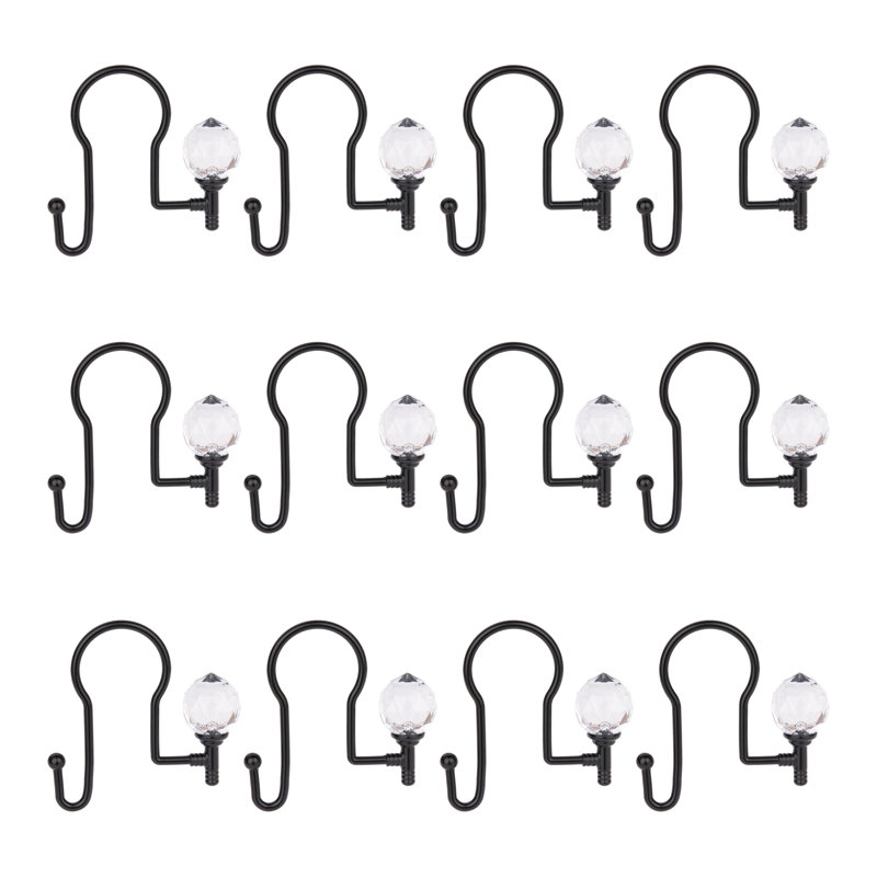 Matte Black Double Shower Curtain Hooks with Crystal Design