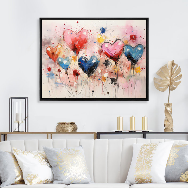 Rose et bleu cœur Pop Art 1 - Art mural Pop Art, Cadre flottant noir, H 34 po x l 44 po x P 1,5 po