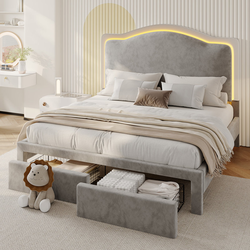Chaille LED Bed Frames with Storage Drawer, Upholstered Platform Bed with Adjustable Headboard, Gray, Queen