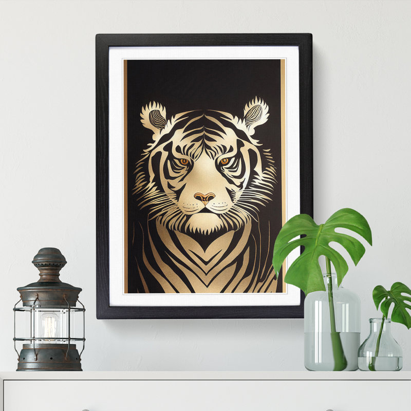 FRM-V0523-2519X Tiger Scroll Art Vol.1 - Single Picture Frame Print, Black, 64cm H x 46cm W x 2cm D