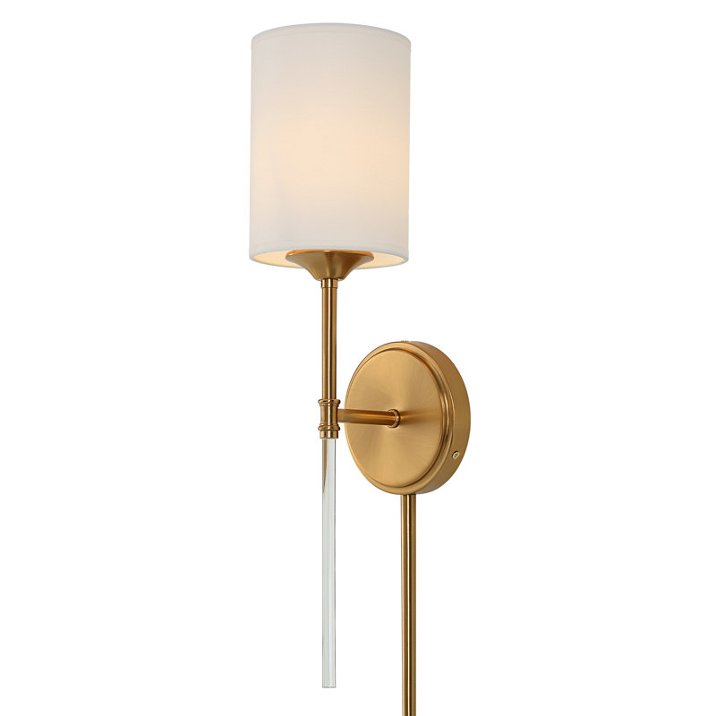 Warm Brass Plug-In Sconce with White Drum Shade