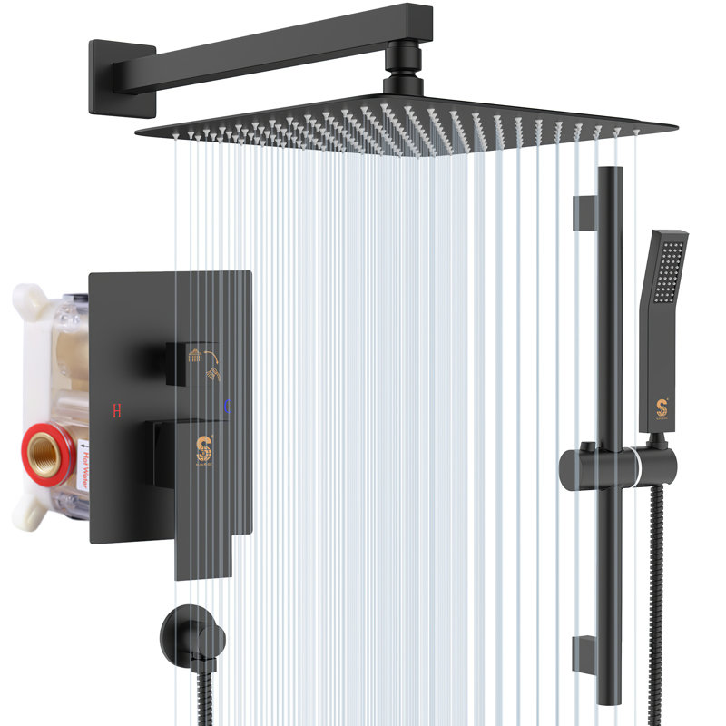 Robinet de douche 12 po avec système de douche et bar complet, Noir mat