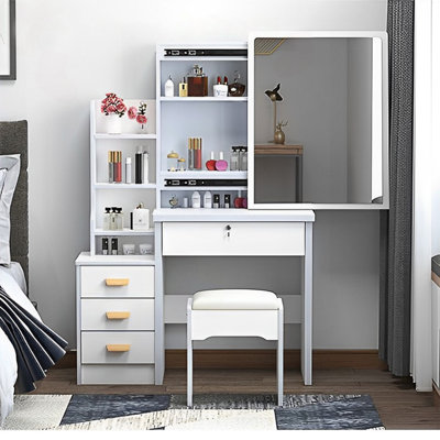Fashion Vanity Desk with Large Mirror, LED Lights & Storage