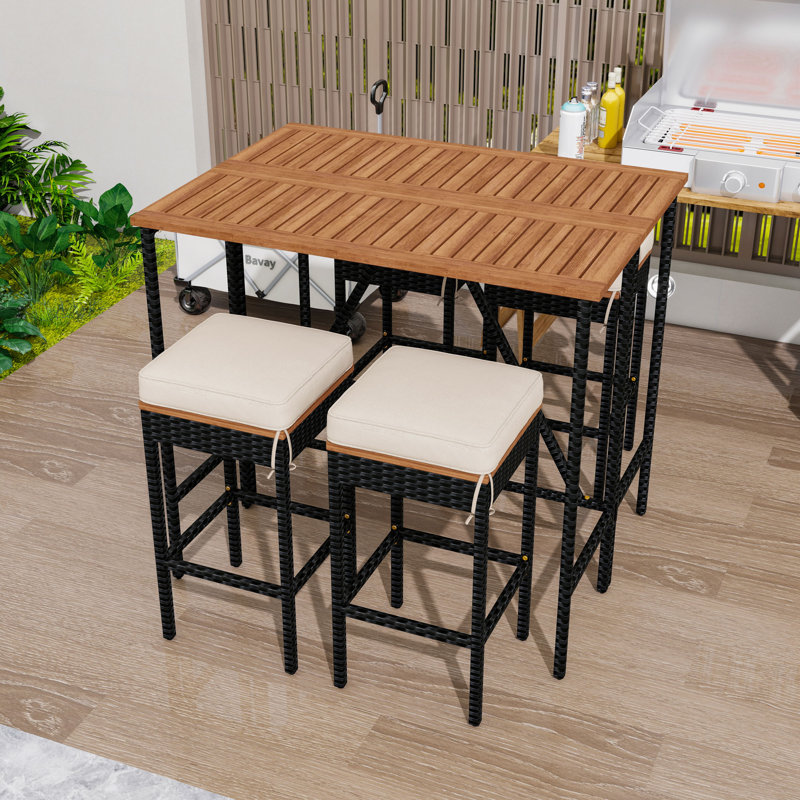 Table de bar d'extérieur en bois 5 pièces avec 4 tabourets