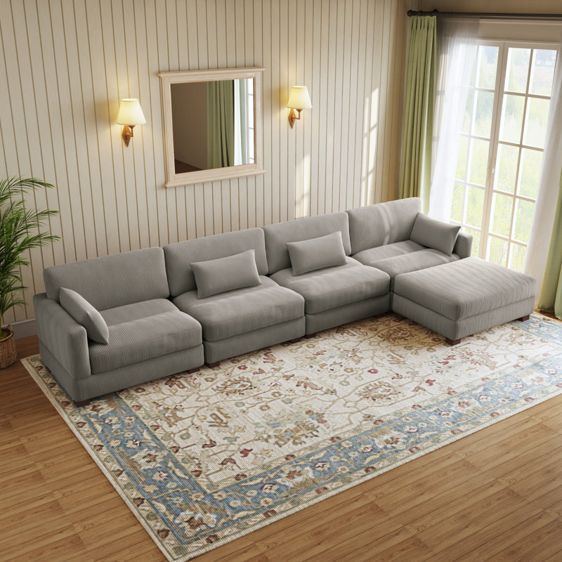 Maelina L-Shaped Corduroy Modular Sectional with Removable Cushion Cover, 30.7"H x 161.4" W x 68.1" D, Light Gray Corduroy