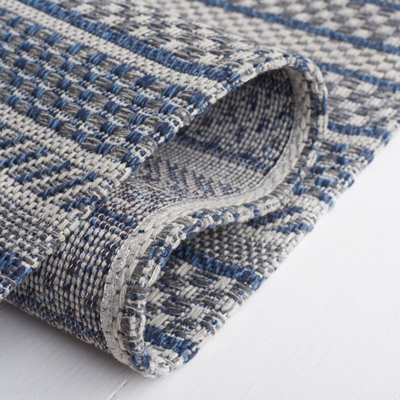 Navy and Light Grey Striped Wool Cotton 5' x 7' Rug