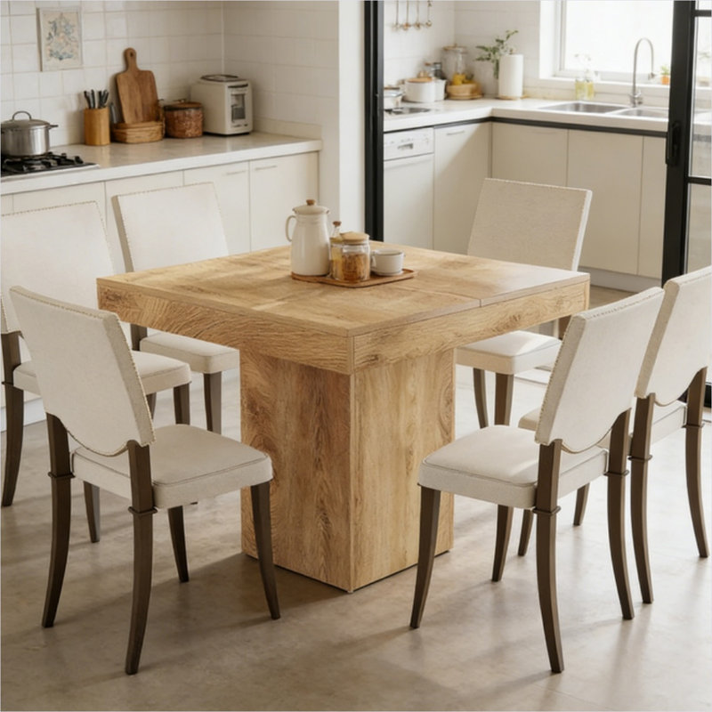 Table de salle à manger carrée en bois naturel avec pied central, 4 couverts, 99 cm (39 pouces) pour coins repas et cafés