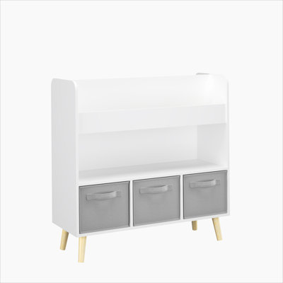 End Table With Shelf And 3 Fabric Bins For Playroom, Bedroom