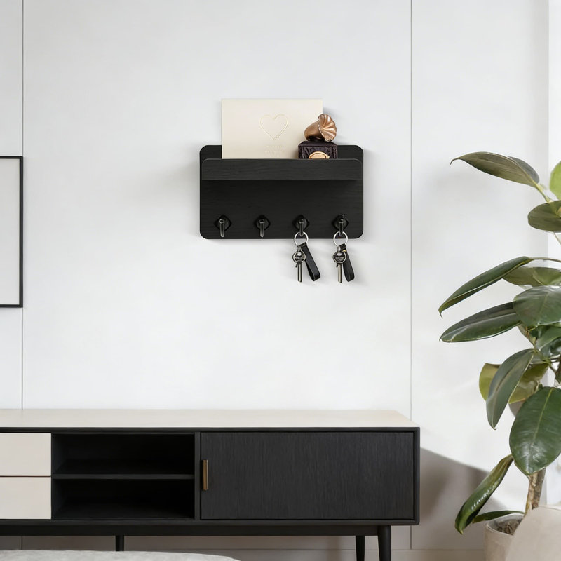 Porte-clés mural en bois avec tablette et 4 crochets, rangement pour clés, courrier et décoration intérieure, Noir