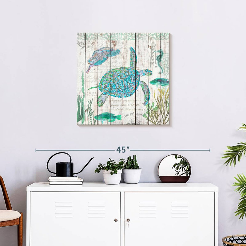 Brampt Sea Turtles On Driftwood Panel, 24" H x 24" W
