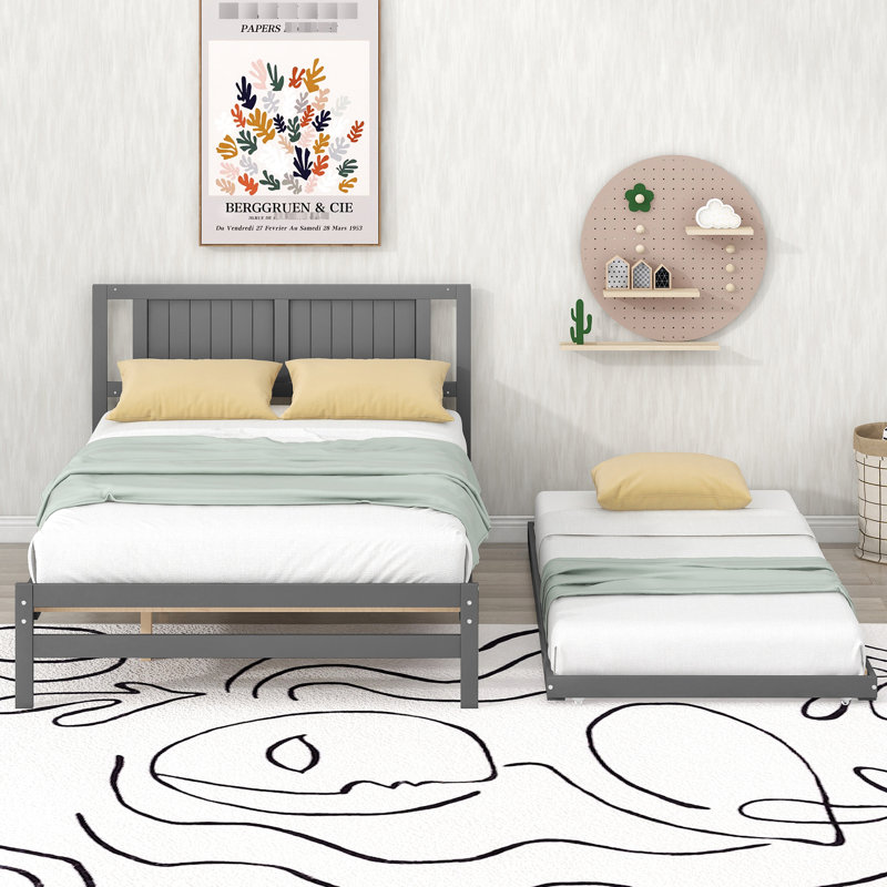 Grand lit plateforme avec couchette réglable gris et bois de pin