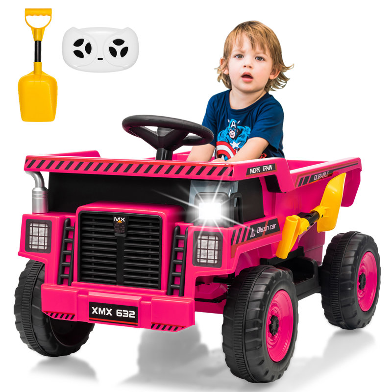 Camion à benne basculante 12 V pour enfants avec benne électrique et pelle, Rose
