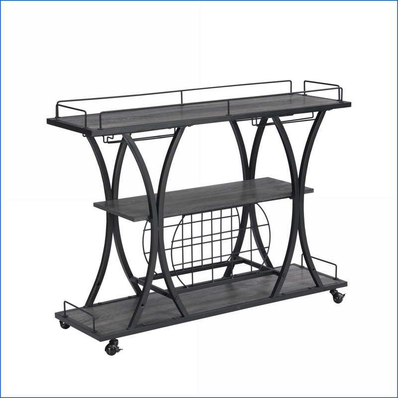 Chariot-bar industriel à 3 niveaux avec roues, bouteille et amp; Rangement pour verres à vin | Fer | Cuisine