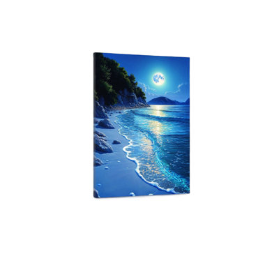 Blue Beach Moonlight Built-in Back Wood Frame Canvas Home Decoration Wall Art 36" x 24"