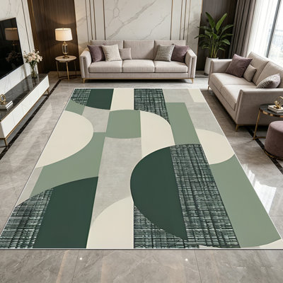 1PC Textured Geometric Mid-Century Modern Sage Green & Dark Teal Neutral Pattern area rugs, Soft and Comfortable, easy-to-maintain, machine washable Indoor floor mat, suitable for living room, bedroom, dining area, entryway, home office, patio, porch