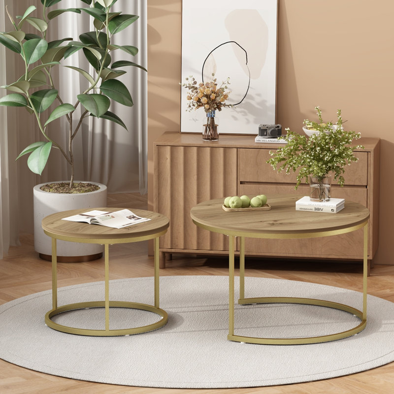 Ensemble de 2 tables basses gigognes 27,6 po, plateau rond en marbre et structure en métal robuste, tables d'appoint de table de bout