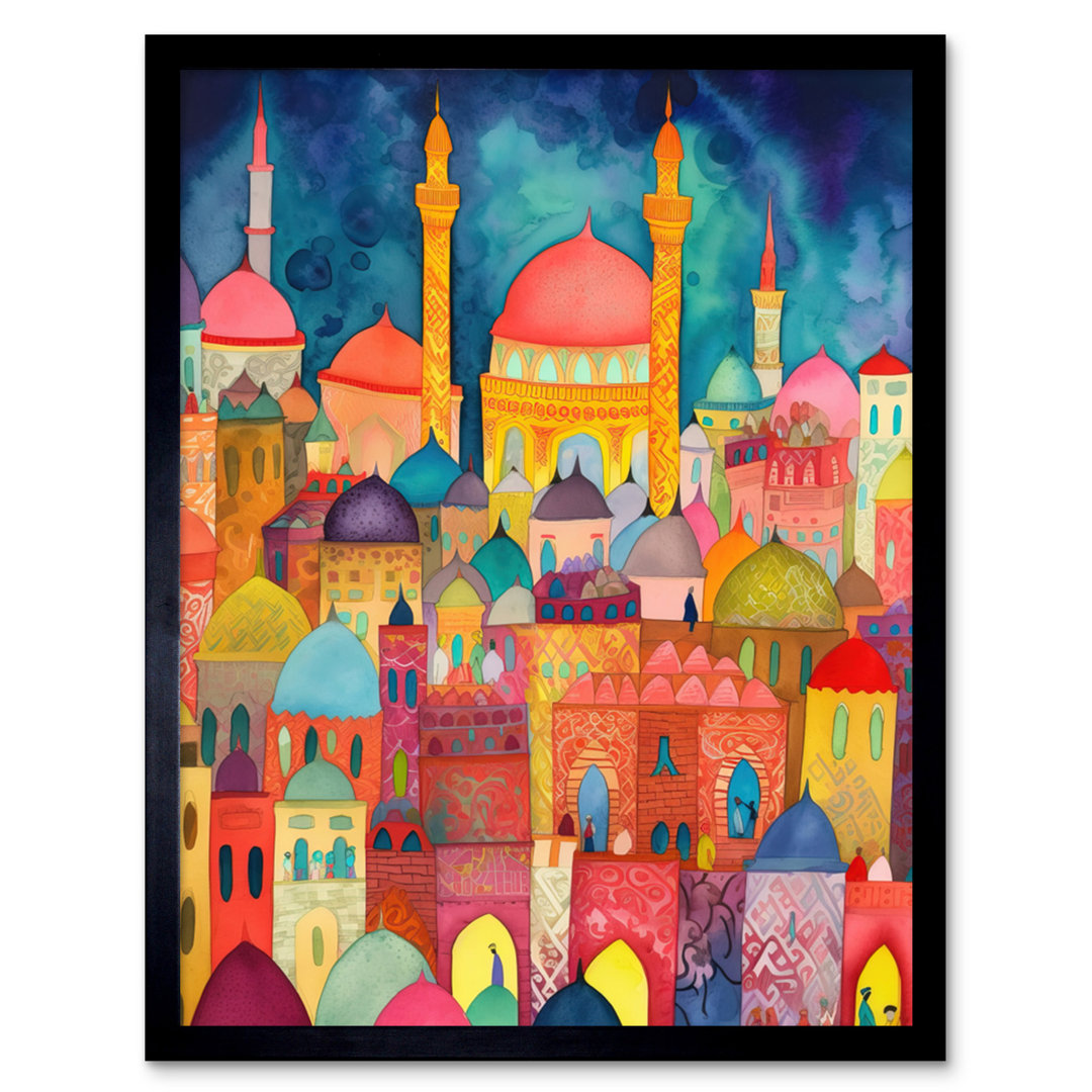 Hagia Sophia Evening Cityscape Folk Art Watercolour Painting Artwork Framed Wall Art Print 9X7 Inch