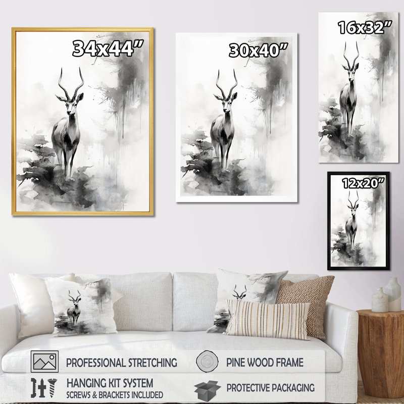 «Gray Asian Art Antelope Sumi», reproduction sur toile, H 32 po x l 16 po x P 1 po, Toile tendue