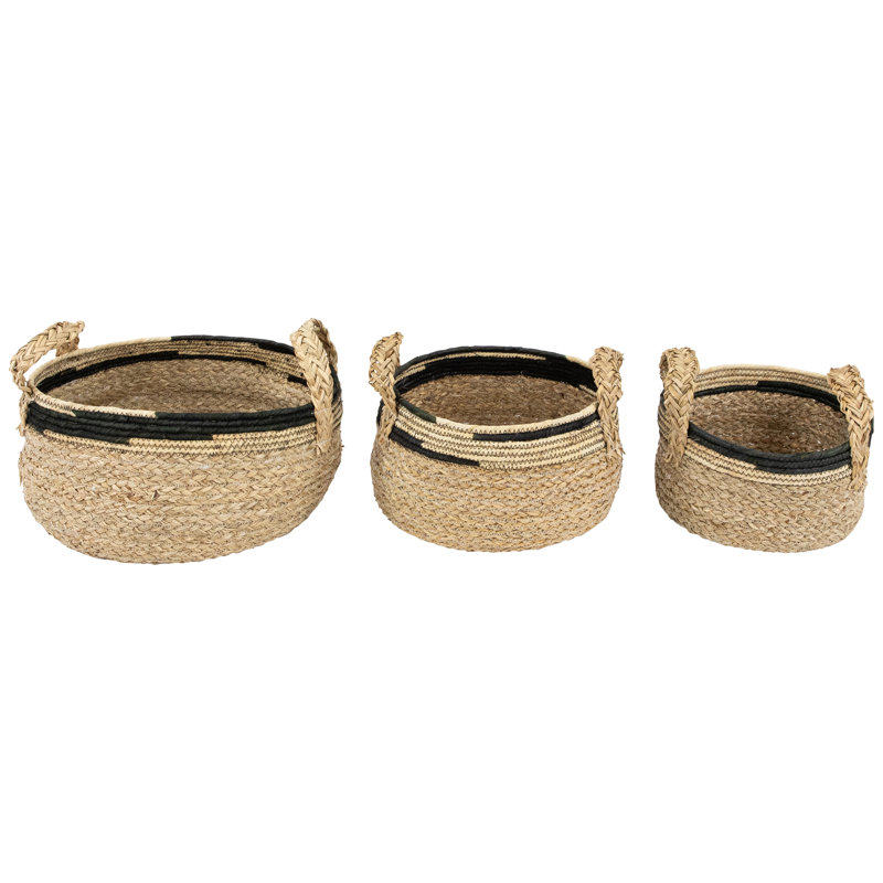 Ensemble de 3 paniers de rangement kaki et noir en tresse de mer avec poignées 13,75 po