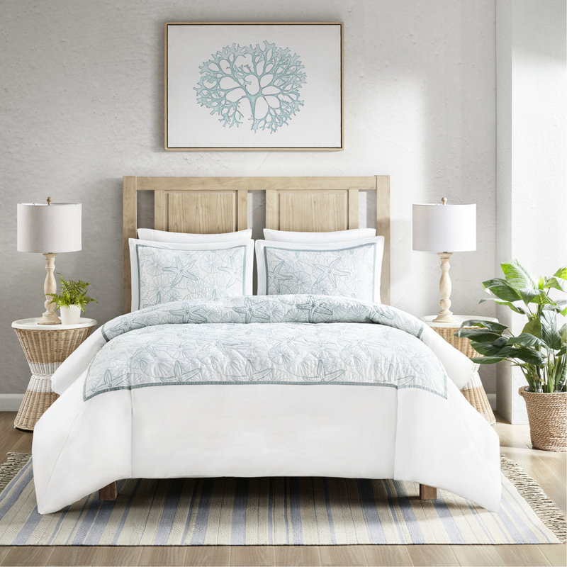 Housse de couette 100% coton pour lit double / grand lit - broderie bleu foncé et dollar sable sur fond blanc, fermeture à boutons, 4 attaches, 2 taies décoratives, coton blanc à contexture de 200 fils, broderie, boutonné