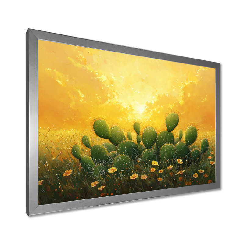 Cactus dans la lumière dorée III - cactus, art mural, H 34 po x l 44 po, Cadre simple, Argent argent