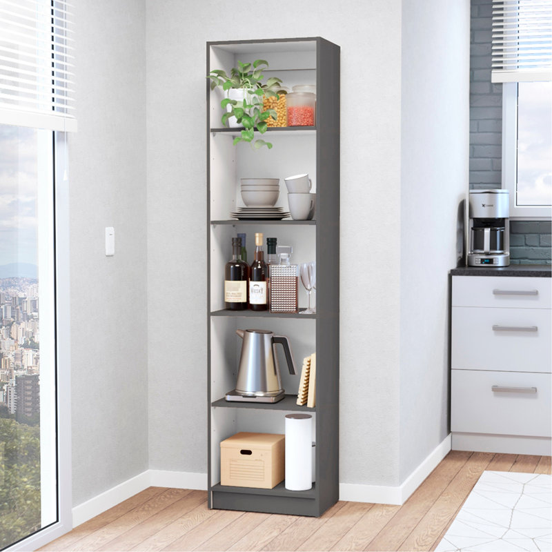 Bibliothèque mince à 5 tablettes en gris mat et blanc - Rangement de couloir moderne à 5 tablettes