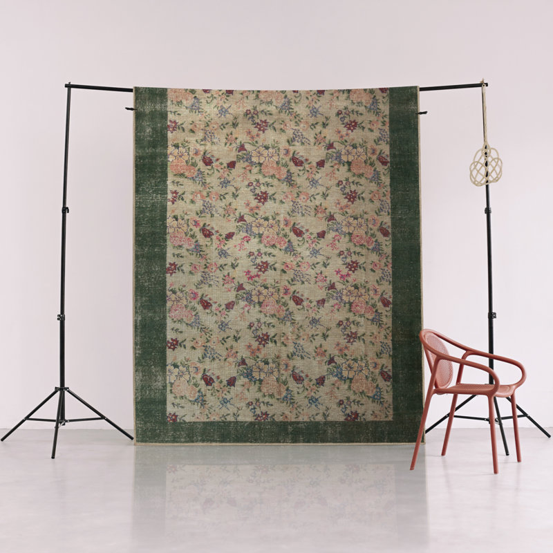 Tapis décoratif vert et beige à motif floral rose et vert, Tapis de couloir 3 pi 3,37 po x 6 pi 6,74 po