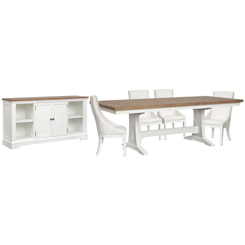 Extendable Trestle Dining Table With 4 Host Chairs And Credenza, 6 Pieces: Table, 4 Chairs, Credenza