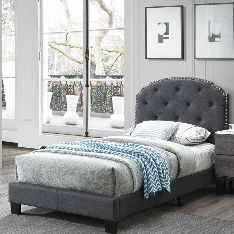 Lit plateforme tapissier en bois massif, Gris, Simple