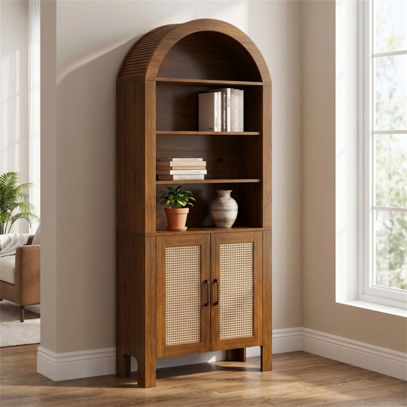 Arched Rattan Bookshelf with Storage Cabinet, Brown