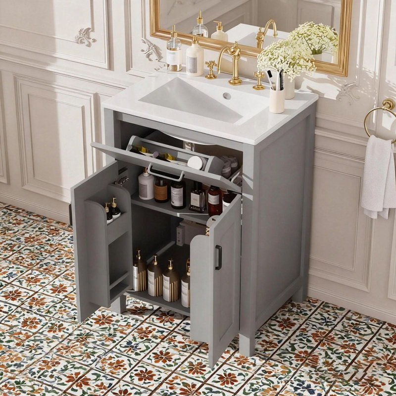 Ensemble de meuble-lavabo de 24 pouces avec lavabo en céramique, rangement spacieux et portes à fermeture en douceur pour les salles de bain modernes
