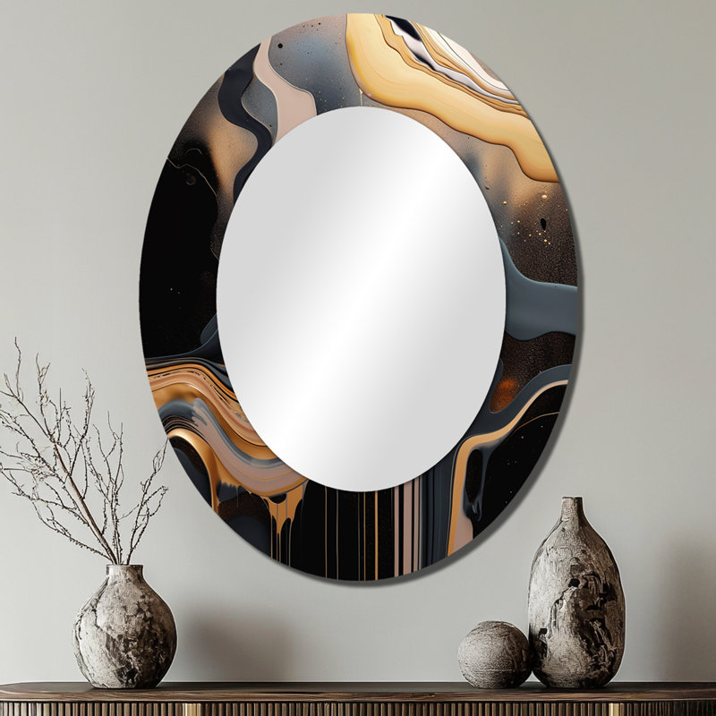 Gold And Black Marble Mirage II - Large Oval Wall Mirror On Metal, 40" x 30"