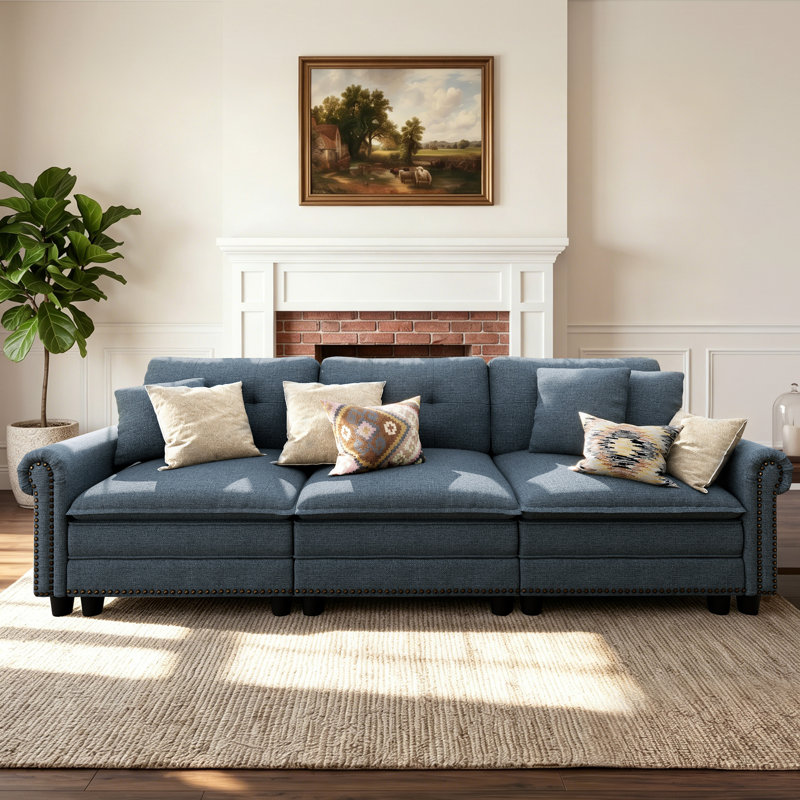 124" Modular Sectional Sofa With Nailhead Trim, Comfy Cloud Couch For Living Room, 3-seater Deep Seat Sofa With Throw Pillow
