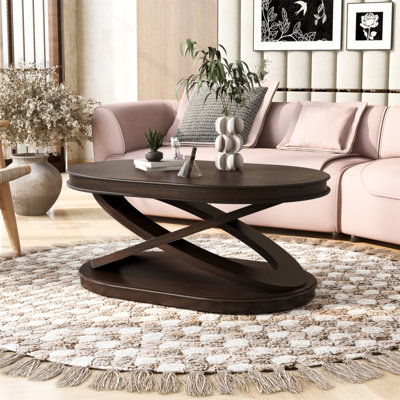 Table basse ovale en bois de 44 pouces avec base en forme de X, table de cocktail avec rangement ouvert, table de centre de canapé pour le salon, bureau à domicile