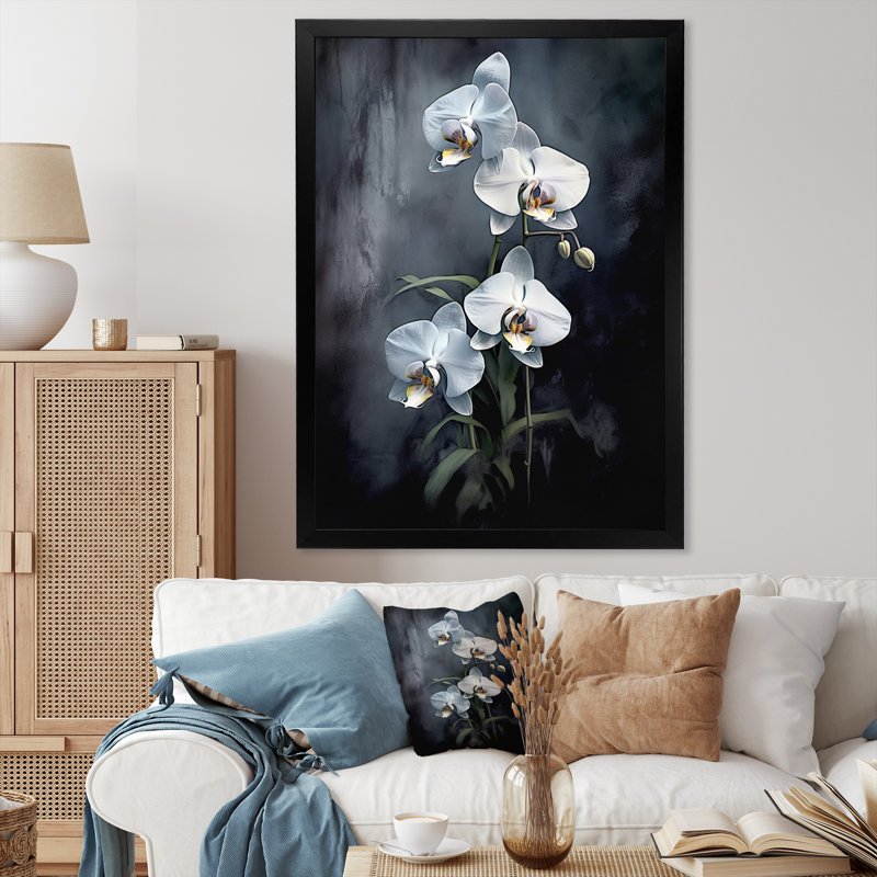 Orchidées exotiques blanches et blanches I sur toile, Cadre photo noir simple, H 32 po x l 24 po x P 1 po