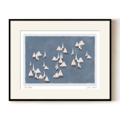 Mod-Ensemble The Sails by ChiChi – Minimalist Blue Coastal Artwork Featuring Sailing Boats | 36"H x 48"W | Black Frame