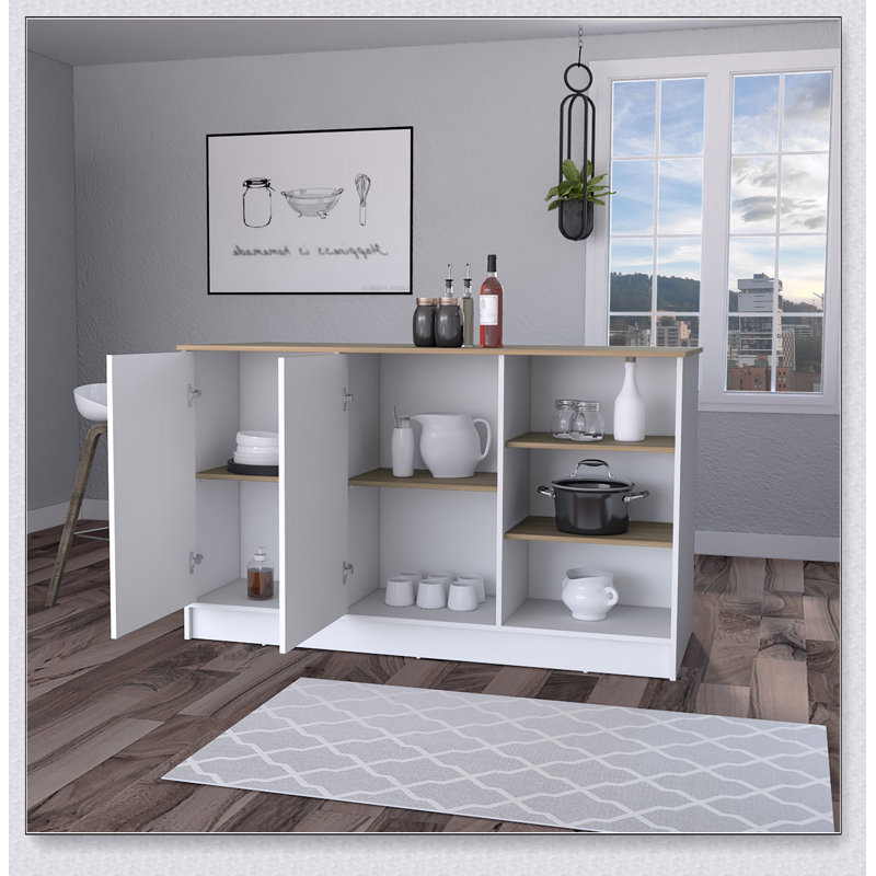 Ash 2-Door Kitchen Island with 3 Open Shelves, Ample Storage, and Modern Aesthetic for Efficient Kitchen Organization.