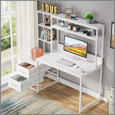 55 Inches White Computer Desk with Hutch, 2 Drawers & Open Shelves Modern Home Office Desk with Storage, Writing & Gaming Workstation for Study, Bedro