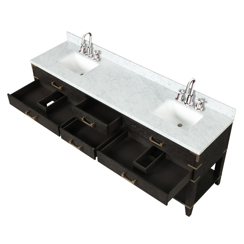 84" Double Bathroom Vanity Set, Black Oak, White Carrara Marble
