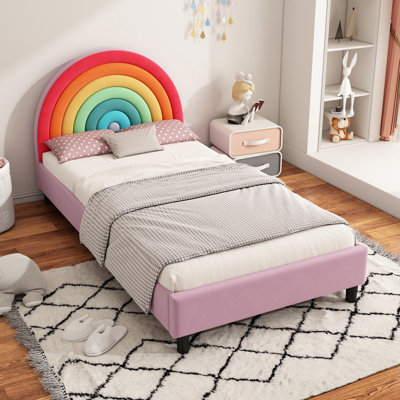 Rainbow Design Upholstered Twin Platform Bed Cute Style Princess Bed For Teens