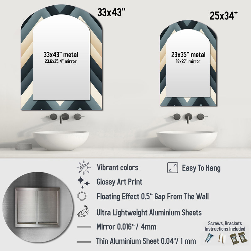 Motif à chevrons géométriques gris et blanc neutre - miroir décoratif à chevron arqué, miroir mural asymétrique glam