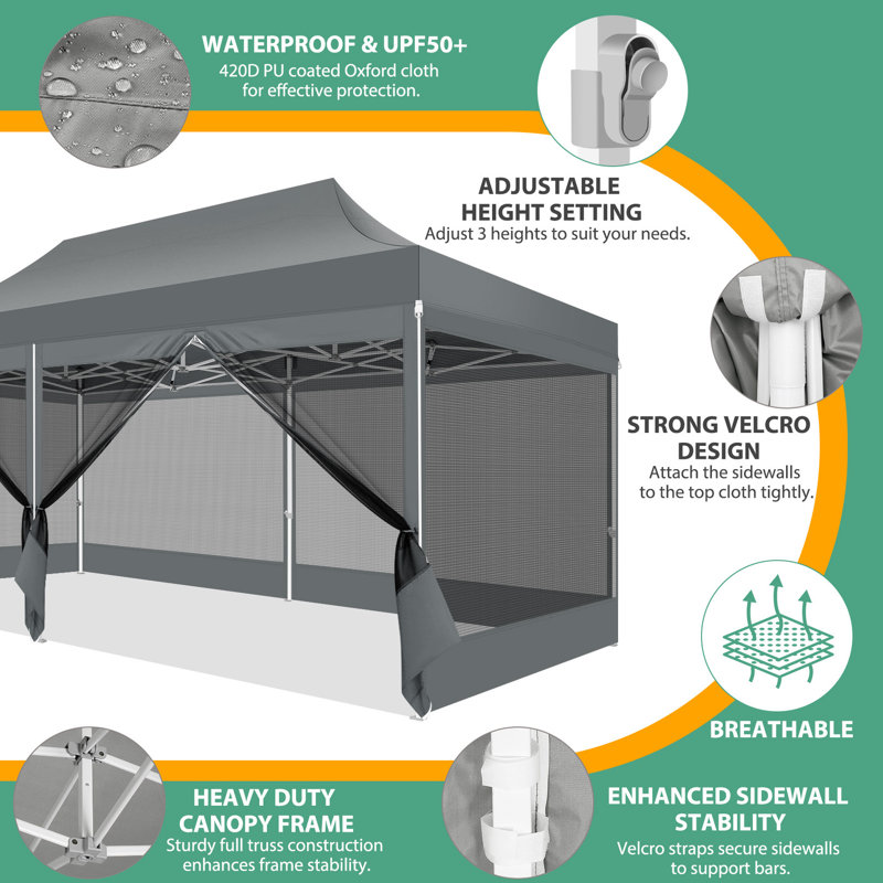 10'x20' Heavy Duty Canopy Tent, Pop up Gazebo with Netting Screened, Grey