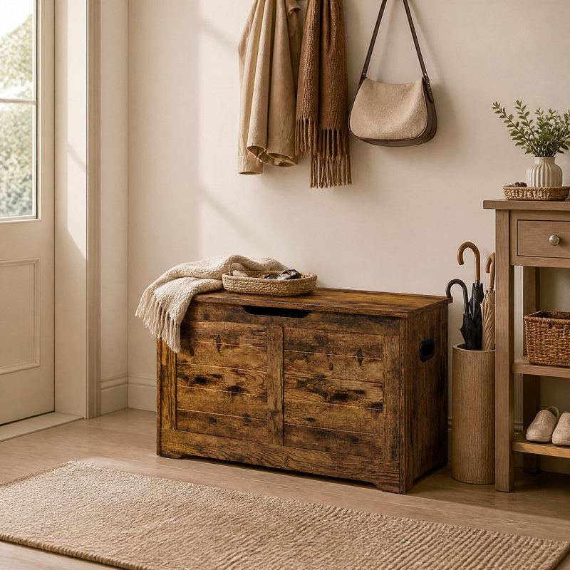 Chest, Bench, Blanket Box with 2 Safety Hinges, Shoe Storage, Farmhouse Style, Rustic Brown, 46" H x 80" W x 40" D