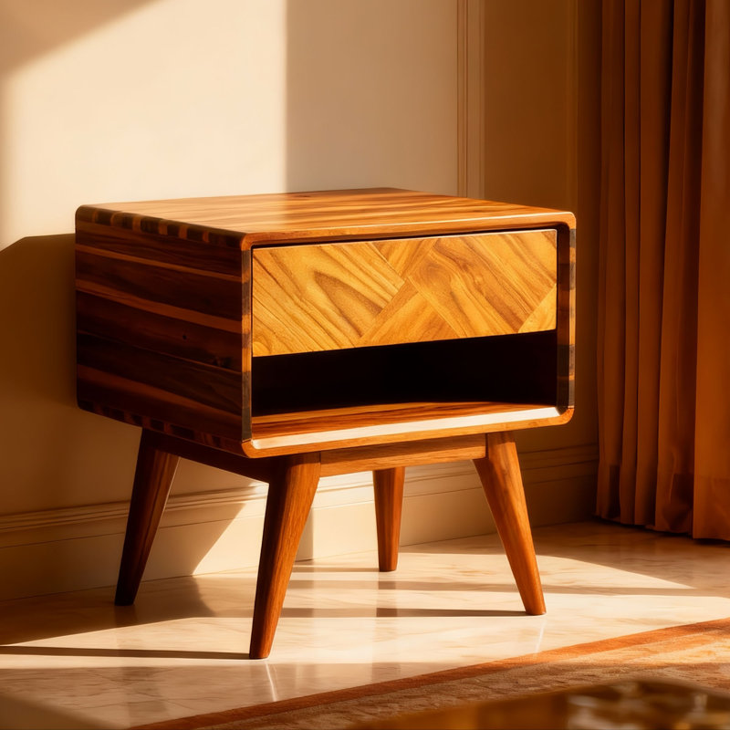 Solid Acacia Wood Nightstand, Bedside Table with Drawer & Open Shelf, Mid-Century Art Deco Accent Piece, Scratch & Water-Resistant