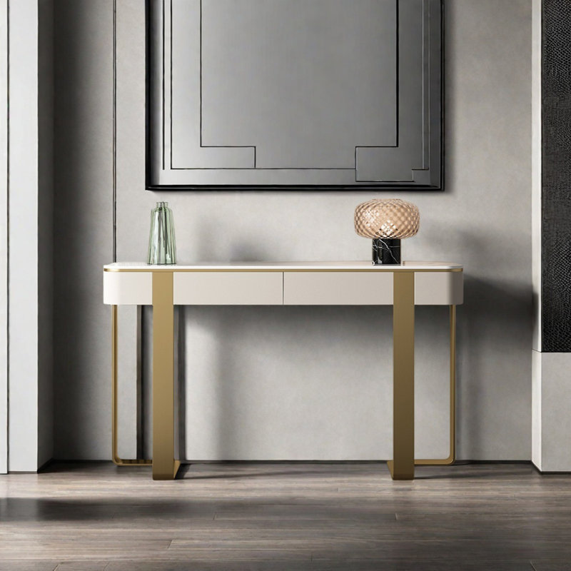 Console moderne de luxe moderne, Or champagne, Blanc, H 33,46 po x l 62,99 po x P 13,78 po